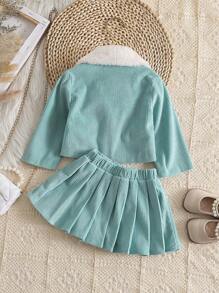 SHEIN 2pcs Baby Girls Spring Autumn Furry Collar Short Jacket And Pleated Skirt Set, Suitable For Outings