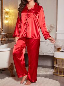 LuxeNights Plus Size Turndown Collar Pockets Embroidery Faux Silk Top & Pants Pajamas Set, Cozy And Elegant Details, Fall Winter Clothes - Red - View 6