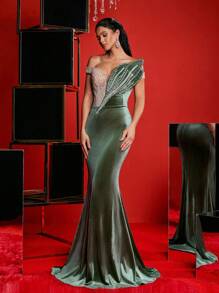 Glamrae Váy đuôi cá bằng vải nhung co giãn sequin màu xanh ô liu thanh lịch và sang trọng, phù hợp cho đám cưới, tiệc tùng, tuần trăng mật, vũ hội và sự kiện trang trọng, váy dạ hội, váy dự tiệc cưới, váy dự tiệc - xanh quân đội - Xem 7