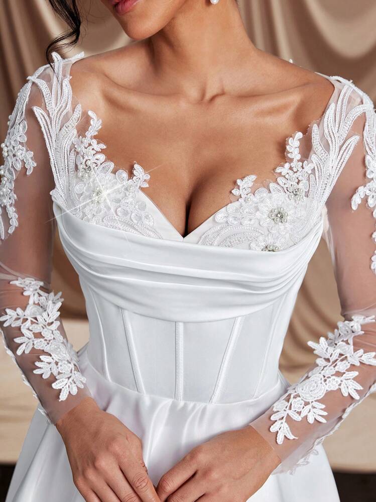 Glamrae Elegante, hermoso y lujoso vestido de novia de satén beige con mangas largas transparentes, bordado de cristales y perlas falsas, aplicaciones de encaje, volantes en el bajo y tren desmontable, adecuado para bodas, fiestas, vacaciones, vestidos de novia, novia, para el Día de San Valentín - Beis - Añade 4