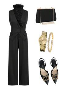 Ellevyn 2pcs Women Ruffle Collar Vest & Pants Set Two Pieces Fall Sets - Black - View 1