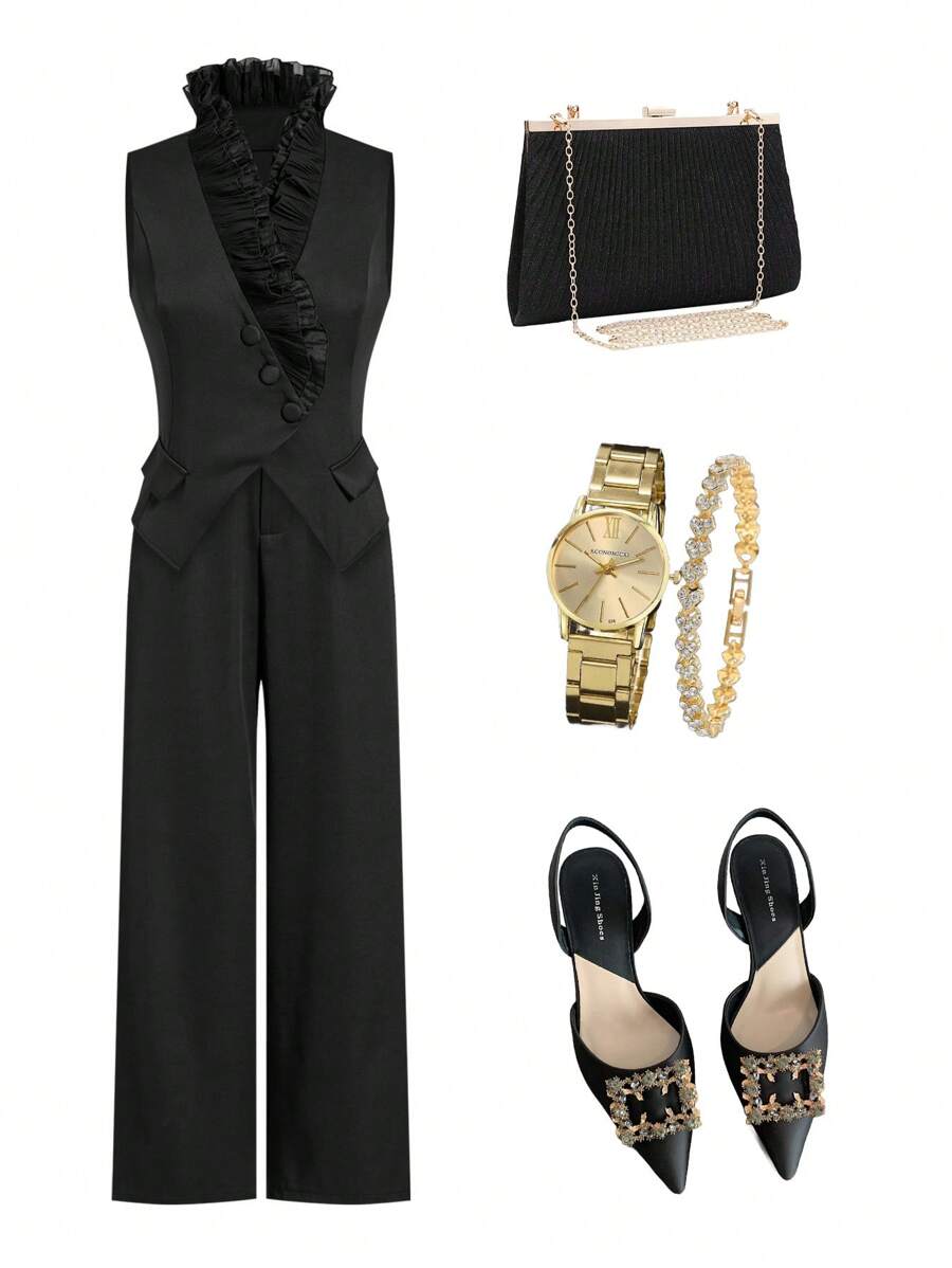 Ellevyn 2pcs Women Ruffle Collar Vest & Pants Set Two Pieces Fall Sets - Black - View 1