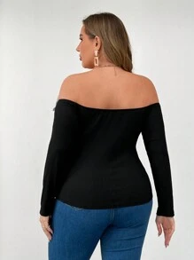 Celure Plus Size Vrouwen Elegant Colorblock Off-Shoulder Ruffle Trim Slim Rib Knit T-shirt