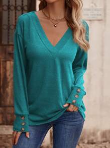 SHEIN LUNE Casual Solid Color V-Neck Long Sleeve T-Shirt, Autumn