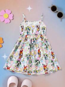 THE POWERPUFF GIRLS X SHEIN Young Girl Colorful Floral Butterfly & Cartoon Character All-Over Print Spaghetti Strap Ruffle Skater Dress - Multicolor - View 2