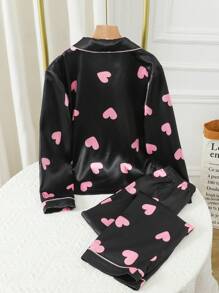 Girls Taffeta Fabric Heart Print Trim Cardigan & Pants 2pcs Pajama Set For Teenagers - Multicolor - View 2
