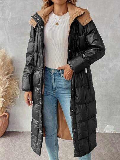 SHEIN Unity Women Front Zip Long Sleeve Pocket Minimalist Casual Hooded Padded Coat Clothes Winter