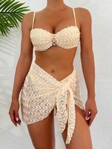 3pcs/Set Women's Padded Bikini Set With Cover-Up Mini Skirt, Sexy Beachwear Suit Summer