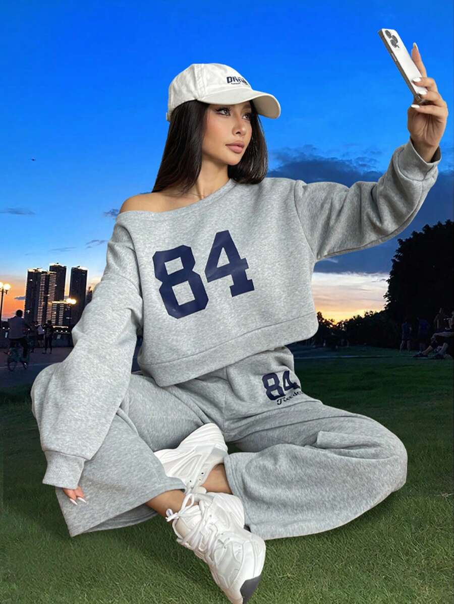 2 件套青少年女孩数字印花不对称领长袖运动衫和裤子，秋季休闲装 - 灰色 - 查看 1