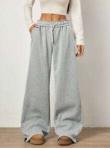 Flirla Pantalones anchos casuales de estilo callejero para mujer, con cintura con doblez, cordón ajustable, bolsillos en diagonal, pierna recta, de color gris - Gris - Ver 6