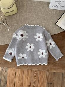 SHEIN LMoss Kids LMoss 女婴花卉图案灰色长袖毛衣，可爱百搭，秋冬 - 灰色 - 查看 2