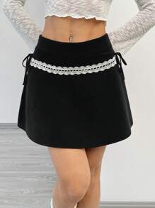 SHEIN EZwear Váy đan xoắn chắp vá ren cho nữ, thanh lịch - màu đen - Xem 5