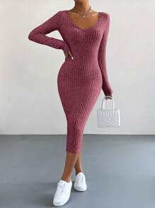 SHEIN Essnce Váy dệt kim gân dài tay cổ chữ V màu trơn cho nữ, mùa thu - Màu Đỏ Sâu - Xem 7