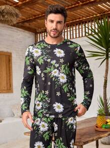 Manfinity ChillVibe 2pcs Men Floral Print Crew Neck Long Sleeve Top And Pants Pajama Set - Black - View 4