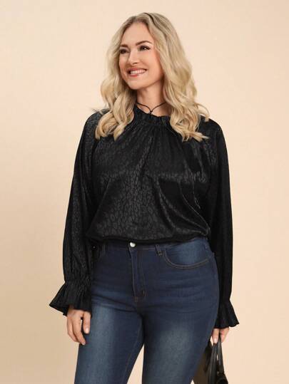 SHEIN LUNE Plus Size Women Elegant Leopard Print Ruffle Trim Round Neck Flare Sleeve Shirt, Autumn Holiday Outfit