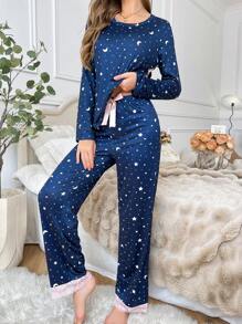 Bộ đồ ngủ dài tay in hình bầu trời đầy sao cho nữ và quần ren tương phản, thoải mái - Nhiều màu - Xem 3