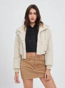 SHEIN EZwear 女式纯色前扣长袖防风外套，秋冬 - 杏色 - 查看 6