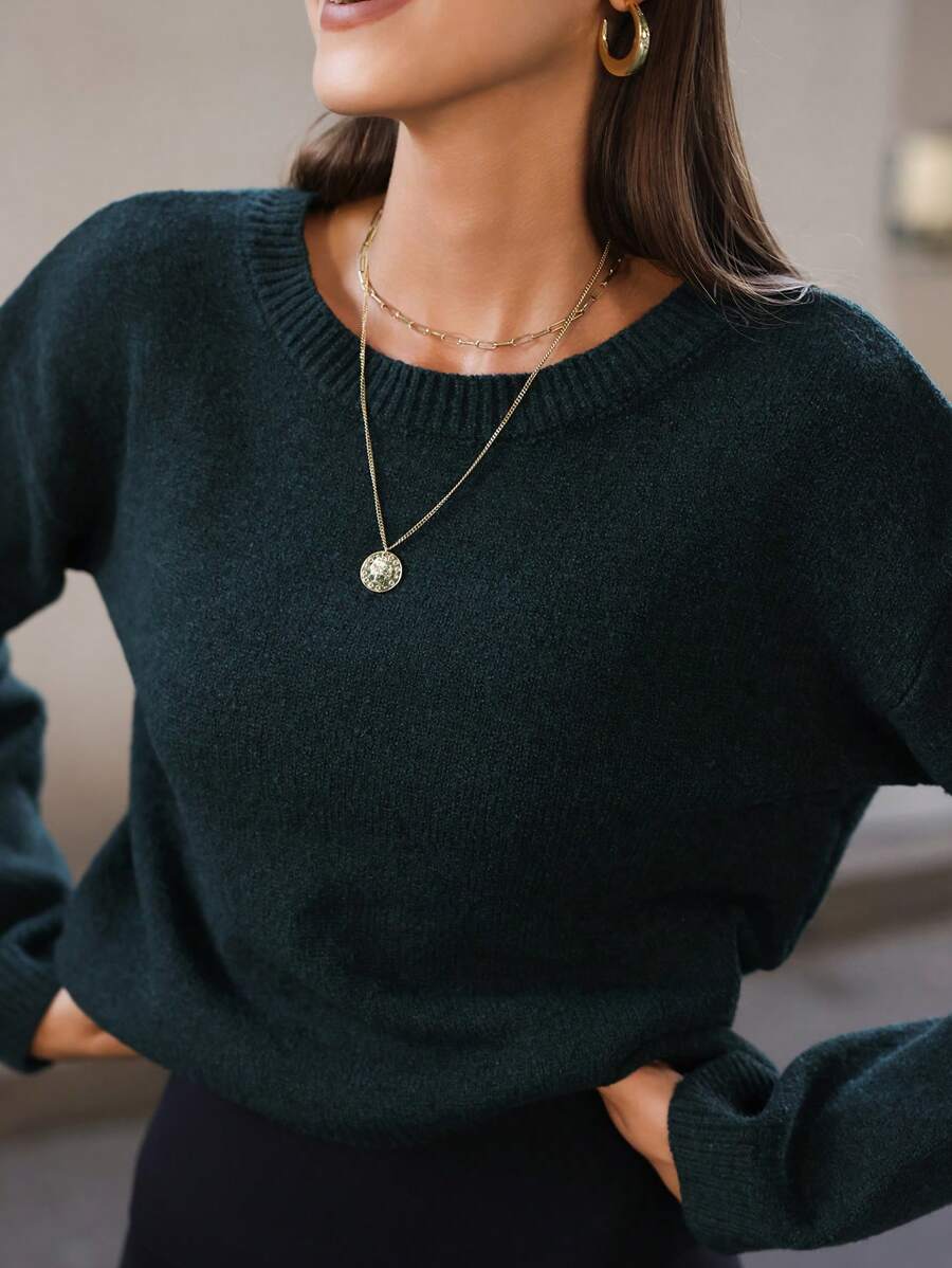 Hanevo Women Solid Color Round Neck Casual All-Match Long Sleeve Pullover Sweater Sportswear For Daily Wear Knit Pullover Fall Winter - Dark Green - View 1