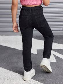 SHEIN 年轻女孩的黑色牛仔破洞弹力裤，酷炫服装/女孩感恩节服装，女孩秋冬服装