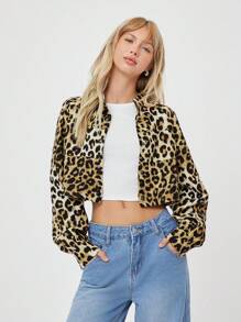 SHEIN EZwear Leopard Print Contrast Side Seam Raglan Sleeve Crop Jacket - Multicolor - View 1