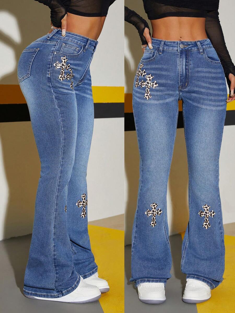 SHEIN ICON Casual Streetwear Women's Leopard Print Skinny Pocket Denim Jeans - Medium Wash - View 1