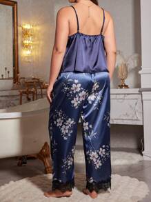 SHEIN MuseNap CURVE Plus Size Women Daffodil Color Lace Design Faux Silk 2 Pieces Set Sleepwear Satin Cami Top & Pants PJ Set - Navy Blue - View 2