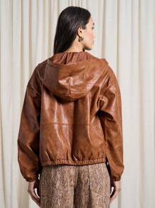 AiiRZ 优质连帽皮革飞行员夹克，带拉链口袋，弹性袖口，秋冬休闲外套，时尚单品 - 咖啡棕 - 查看 2