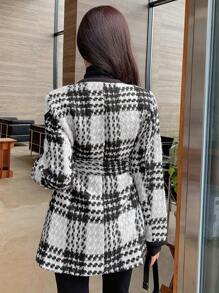 DAZY 1 pezzo Giacca semplice con tasche e maniche lunghe con laccio frontale per donna, abbigliamento casual quotidiano, cappotto a quadri per donna in autunno - Grigio - Visualizzare 2