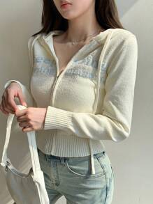 DAZY 女士字母提花针织连帽开衫，秋季女装 - 白色 - 查看 7