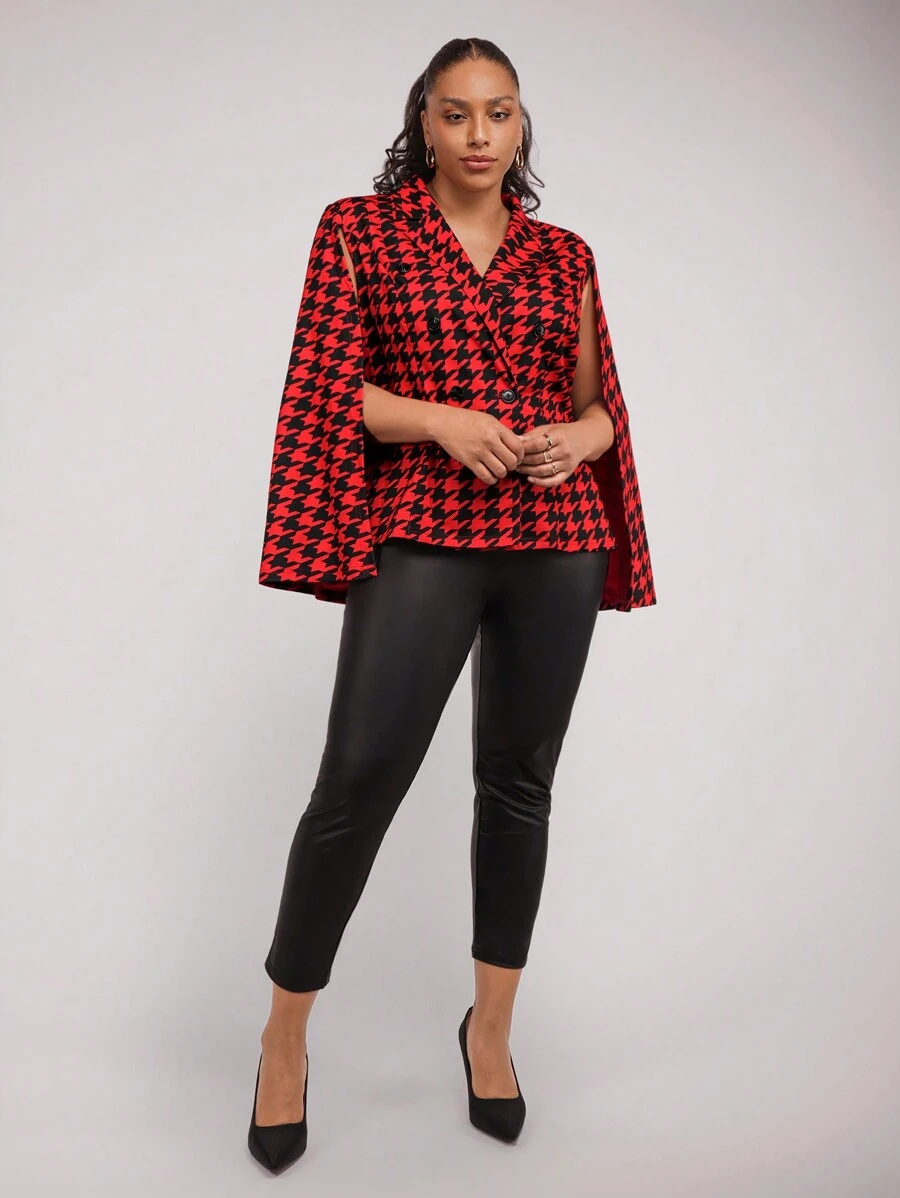 SHEIN Clasi Plus Size Elegant Houndstooth Cape Sleeve Jacket, Autumn - Multicolor - View 1