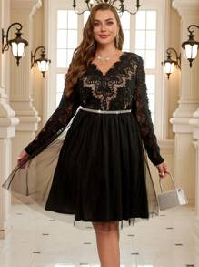 SHEIN Clasi 大码黑色蕾丝撞色网眼及膝连衣裙，适合日常穿着，秋季 - 黑色 - 查看 6