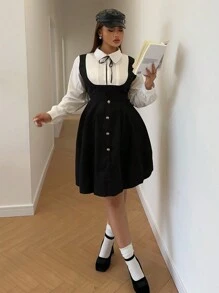 Flirla Casual Minimalist Long Sleeve College Style Dress - Black - View 5