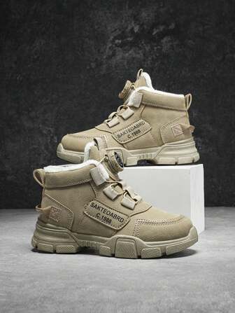 Fashionable Casual Children's Rotary Buckle Thermal Lined Khaki Boots For Boys