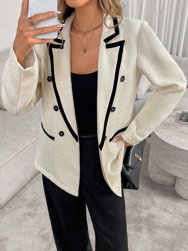 SHEIN Clasi Women Elegant Contrast Trim Button Closure Straight Shoulder Long Sleeve Blazer, Autumn/Winter - Apricot - View 3