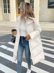 SHEIN Frenchy 女士纯色休闲长款棉质开衫，宽松款式 - 米色 - 查看 4