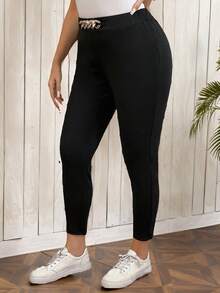 SHEIN LUNE 大码女式金属装饰弹性腰部优雅外出口袋修身长裤 - 彩色 - 查看 3