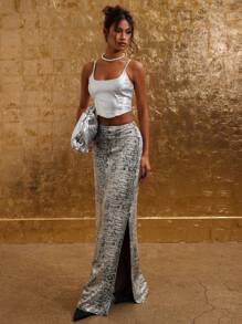 COSMINA Women's Autumn Fashion Snake Skin Pattern Sequin Split Skirt - Multicolor - View 6