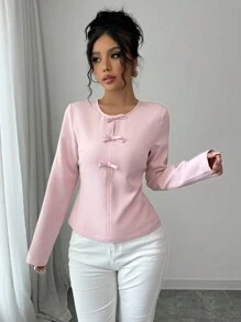 Selianne 女士纯色圆领优雅休闲通勤圣诞约会可爱蝴蝶结装饰衬衫春秋长袖上衣 - 淺粉色 - 查看 5