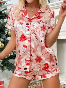 CoupledUp Christmas Elements Printed Imitation Silk Lapel Women Pajama Set