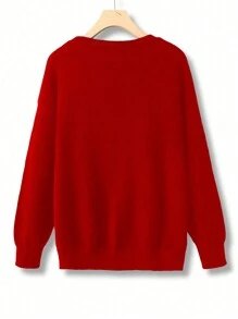 SHEIN Clasi Jersey holgado de talla grande elegante con decoración de moño y bordado de perlas, color rojo, para el invierno