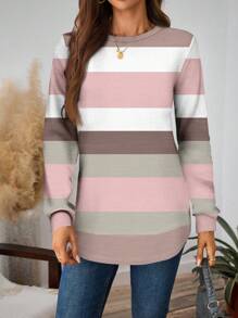 EMERY ROSE Plus Size Women Fal Casual Crew Neck Long Sleeve Striped Print Sweatshirt, Autumn/Winter,Fall,Winter Clothes For Women,Going Out Outfits,Fall Clothes For Women,Fall Outfits,2025 New Clothes,Casual Everyday Wear,Fall Long Sleeve Tops  For Women - Multicolor - View 3