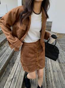 INAWLY 2 件女式仿麂皮纯色保暖内衬长袖夹克和纽扣半襟裙套装，秋冬 - 卡其色 - 查看 8