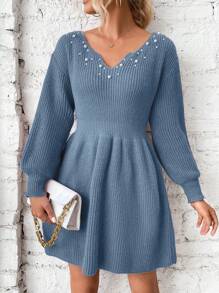 SHEIN Clasi 女式优雅纯色镂空领口灯笼袖仿珍珠装饰高腰毛衣连衣裙 - 水鴨藍 - 查看 5