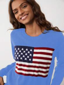 Flirla Women US Flag Pattern Round Neck Drop Shoulder Long Sleeve Casual Sweater, Autumn/Winter Knit Pullover Fall - Blue - View 6