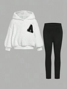 2 件套年轻女孩和年轻女孩双面羊毛连帽衫和紧身裤套装，适合日常休闲穿着 - 黑與白 - 查看 9