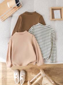 3 chiếc áo thun cổ lọ kẻ sọc giản dị cho bé trai, ấm áp và thích hợp cho thể thao, mặc hàng ngày và mặc nhiều lớp, mùa thu/đông - Nhiều màu - Xem 2