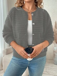 Franclia Plus Size Casual Solid Color Double Pocket Cardigan, Autumn/Winter - Dark Grey - View 4