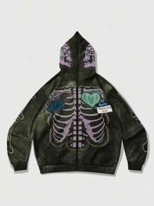 ROMWE MEN Street Life sweat-shirt à capuche décontracté à manches longues avec fermeture éclair frontale et imprimé crâne pour hommes - Vert - Voir 1