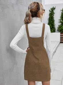 SHEIN LUNE 女士休闲短款拉链前口袋连衣裙灯芯绒女装 - 咖啡棕 - 查看 2