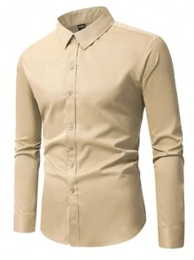 Manfinity Mode Men Solid Color Button Front Casual Long Sleeve Formal Shirt, For Fall, Ceremony - Khaki - View 3